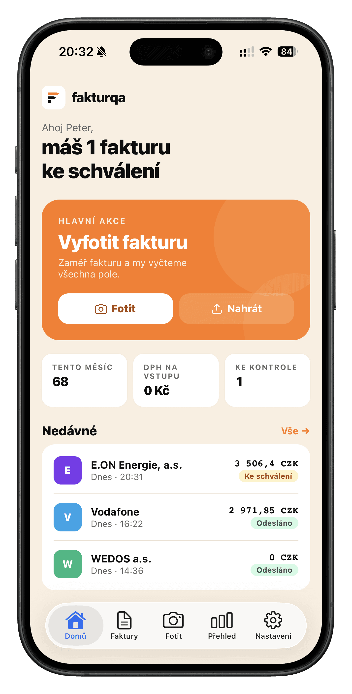 Fakturqa mobilní aplikace — domovská obrazovka